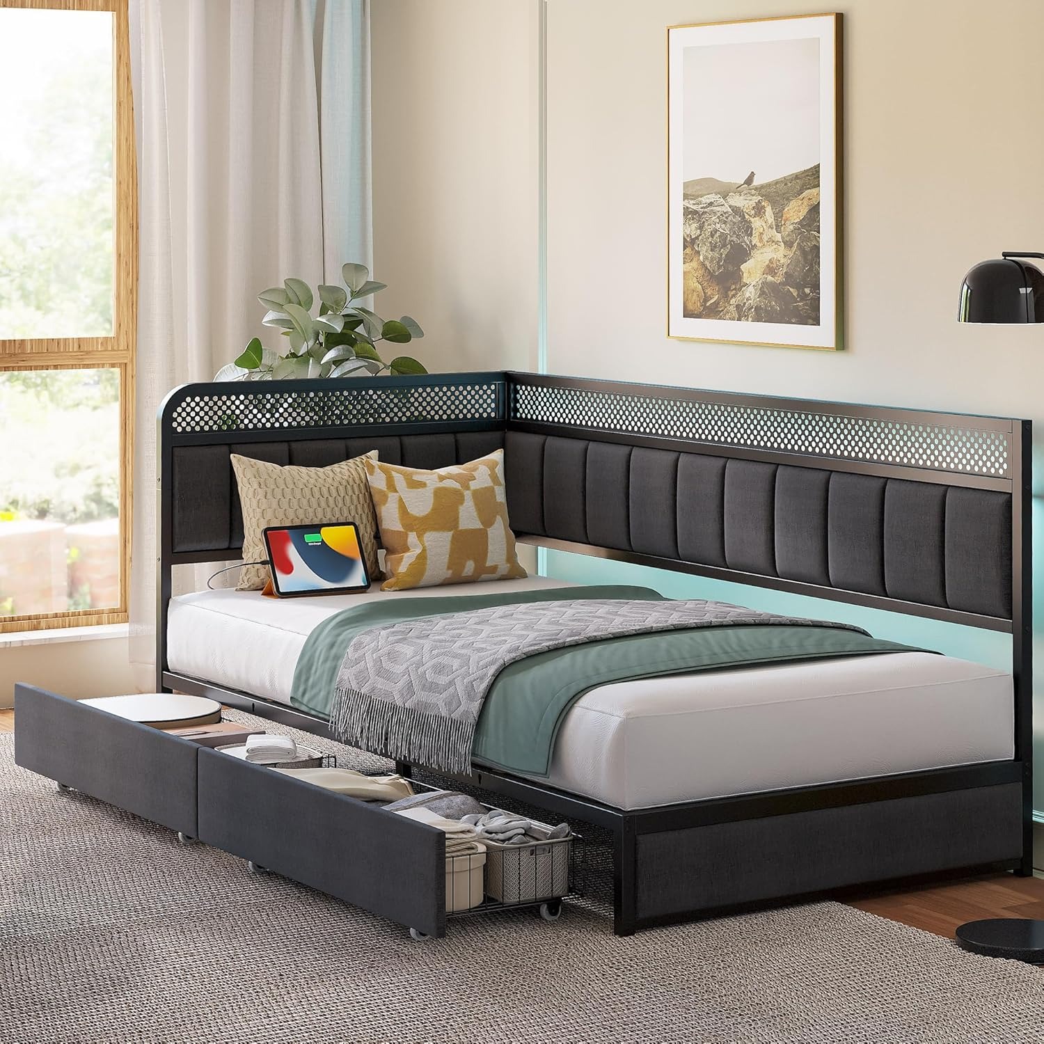 LIKIMIO Twin XL Daybed with Storage Drawers, LED Lights and Upholstered Guardrail, Gray