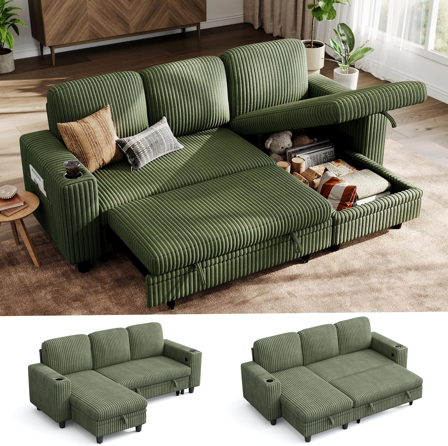 LINSY HOME 81" Sectional Couch with Pull Out Bed, 3-Seat Sleeper
