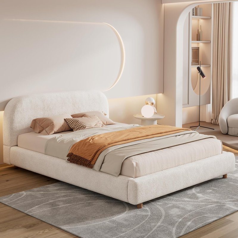 Merax Fleece Upholstered Platform Bed with Curved Headboard