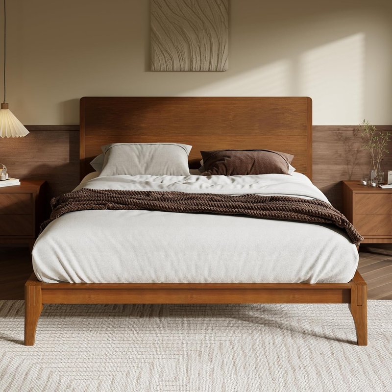 Merax Mid-Century Platform Bed with Wood Slat Headboard