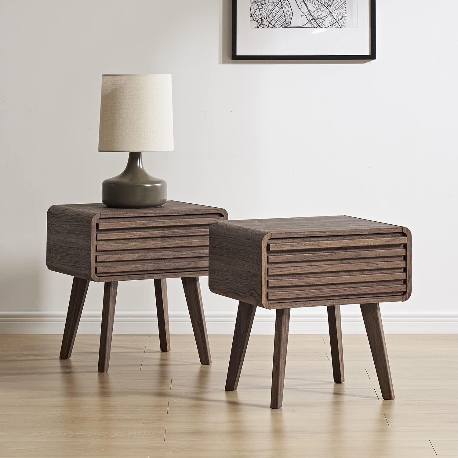 mopio Ensley Mid Century Modern Nightstand, Bedside Table with Drawer, Walnut (Set of 2)