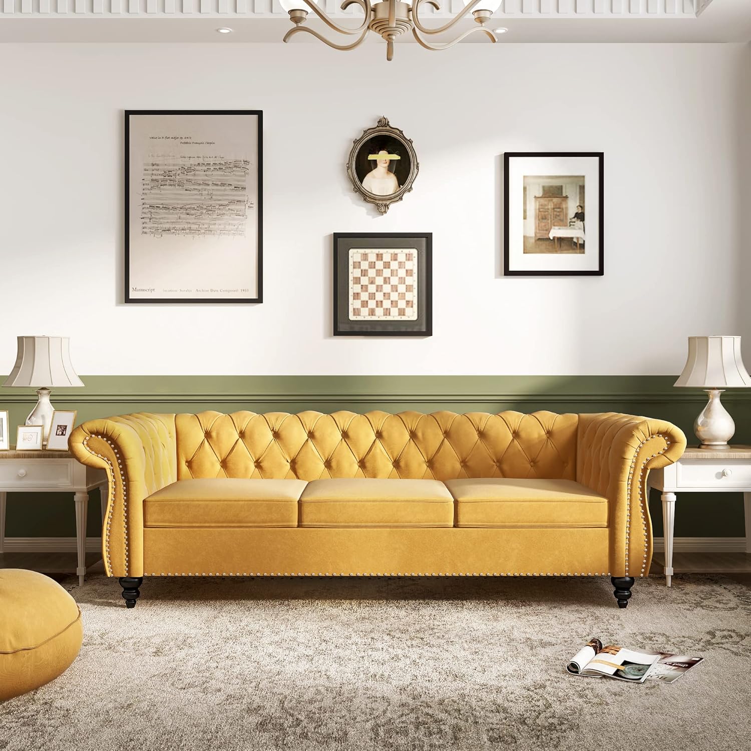 ORRD Chesterfield Sofa Velvet, Modern Tufted Couch 3 Seater with Rolled Arms