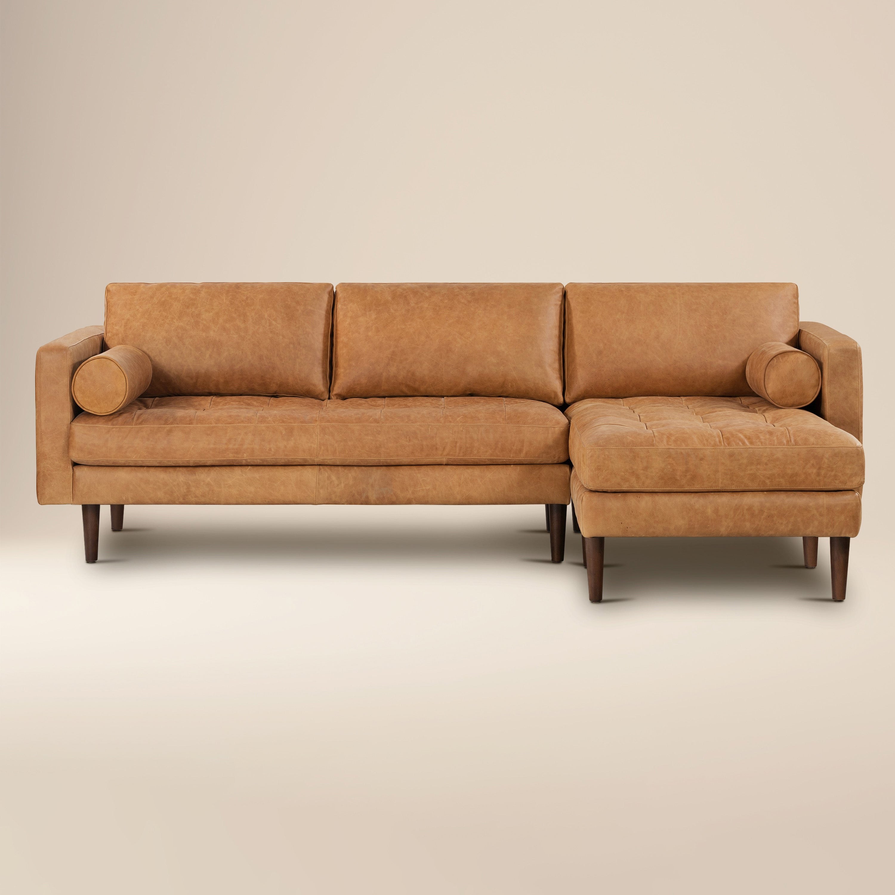 POLY & BARK Napa 104.5" Right-Facing Sectional Sofa – Cognac Tan Full-Grain Pure-Aniline Italian Leather, Feather-Down Cushions, Solid Wood Frame