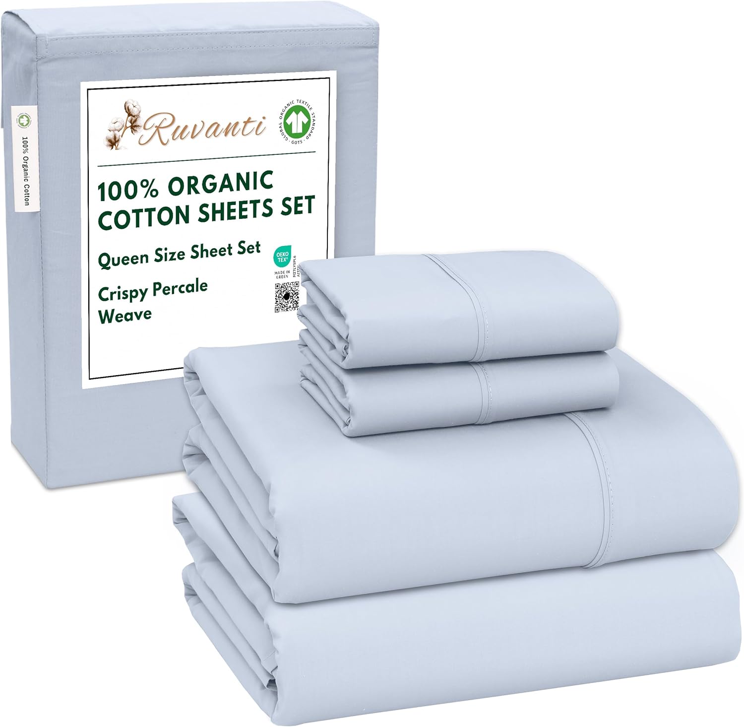 RUVANTI 100% Organic Cotton Percale Sheets Queen Size, Percale Weave, GOTS Certified, Crisp & Cool