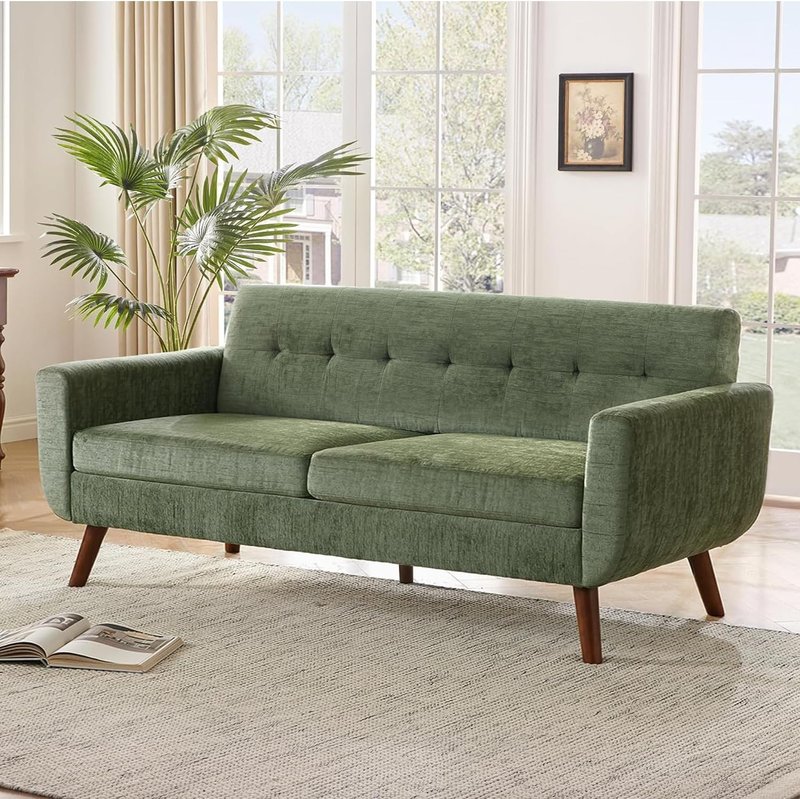 Tbfit 77.2" Mid-Century Modern Linen Loveseat Sofa, Button Tufted
