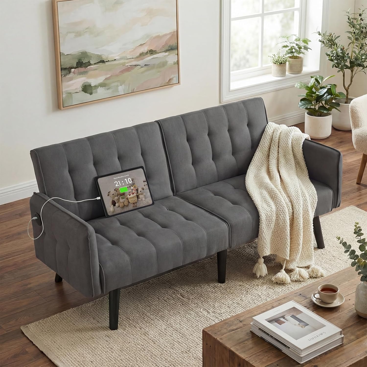 TYBOATLE 65" Tufted Convertible Futon Sofa Bed, Mid Century, Dark Grey