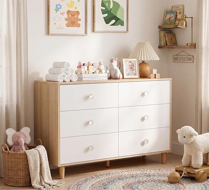 White Dresser for Bedroom, 6 Drawer Dressers with Solid Wood Legs