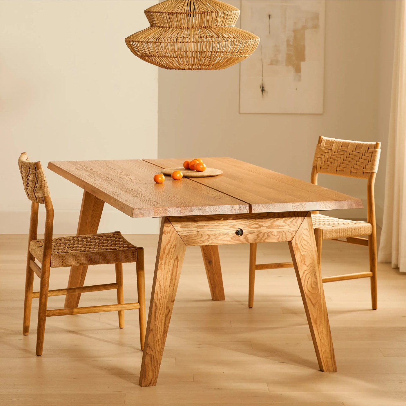 Article Madera 71" Solid Wood Dining Table in Rustic Oak with wire-brushed white oak top