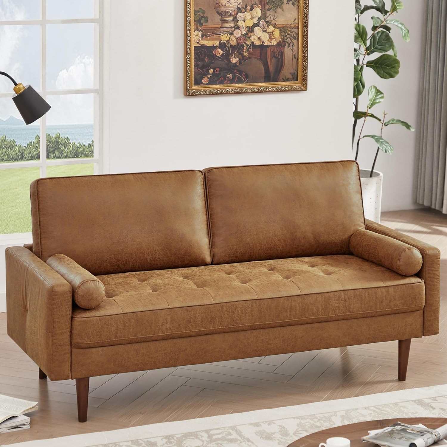 HIFIT 58" Mid-Century Faux-Leather Loveseat