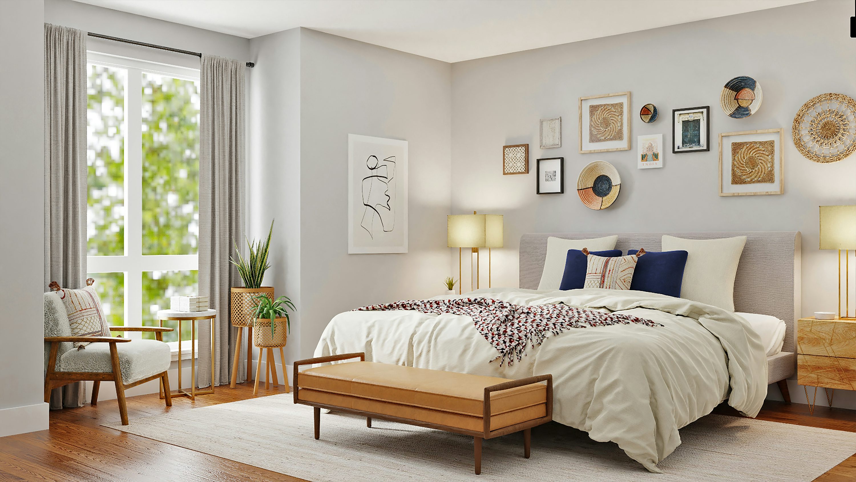 Modern organized bedroom with bed and side furniture