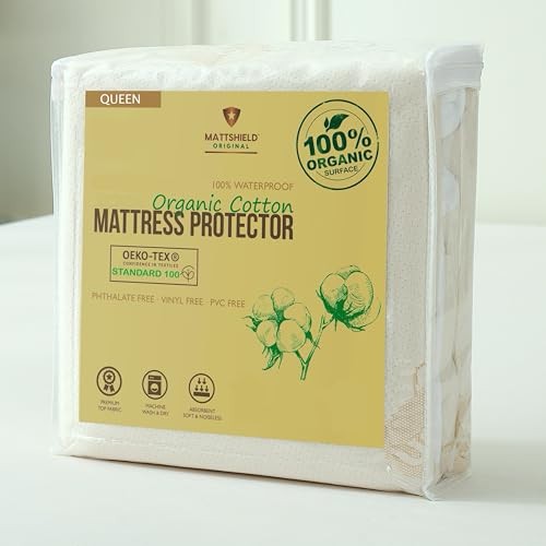 Deluxe Waterproof Organic Cotton Mattress Protector Queen Size - Breathable Mattress Pad Cover - 280 GSM Comfort - Jersey Cotton Skirt - Deep Pocket Fitted Style