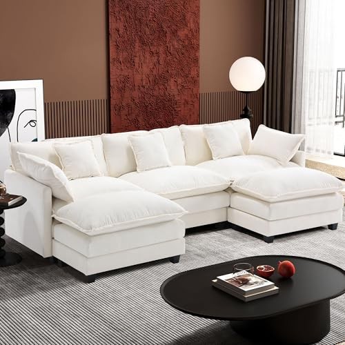 Ihanherry 111.4" U-Shaped Cloud Couch, 5-Seat Chenille Modular Sectional with 2 Ottomans