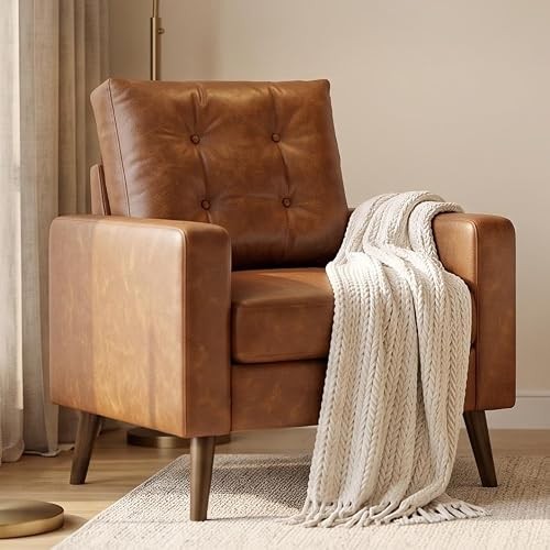 HNY Tufted Faux Leather Accent Chair, Caramel, Wood Legs
