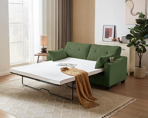 CHIC HOUSE Queen Pull-Out Sleeper Sofa Bed, Green Corduroy