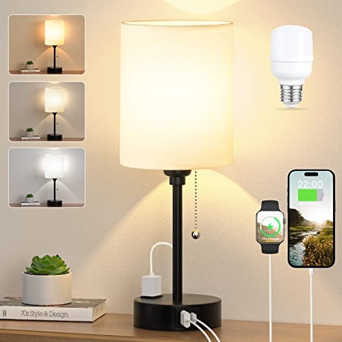 Small Bedside Table Lamp with USB Ports and AC Outlet