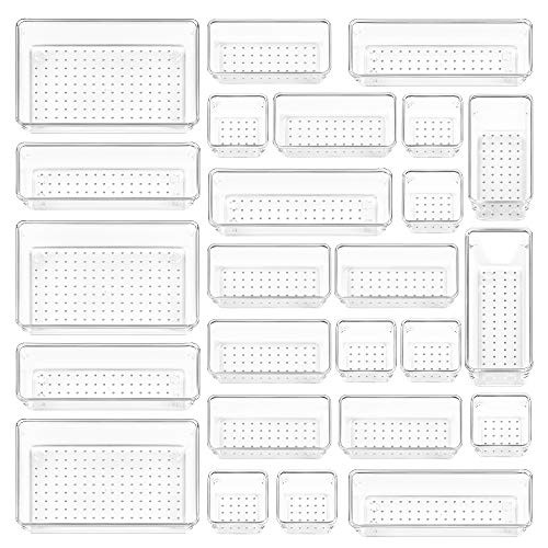 Vtopmart 25 PCS Clear Plastic Drawer Organizers Set, 4-Size Versatile Bathroom and Vanity Drawer Organizer Trays, Storage Bins for Makeup, Bedroom, Kitchen Gadgets Utensils and Office