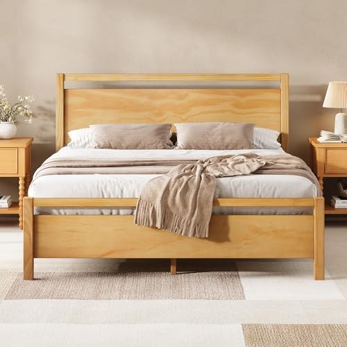 AMERLIFE Natural Solid Wood Queen Platform Bed with Headboard