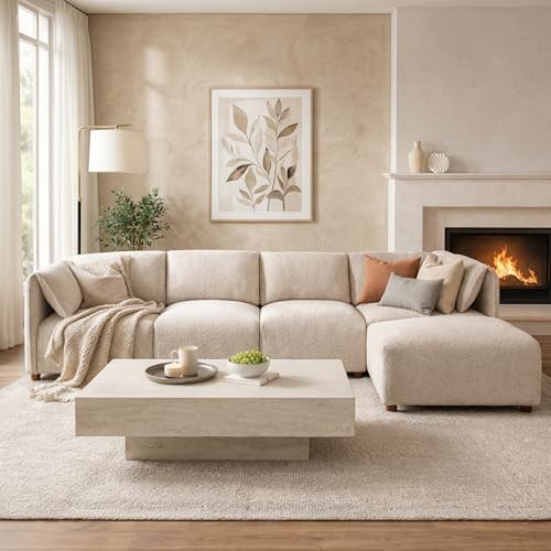 Merax 126" 4 Seater Boucle Modular Sectional Sofa with Ottoman, Soft Upholstery Corner Chair Sofa Couch with Padded Cushion & Rounded Edges & Solid Wood Frame for Living Room Bedro