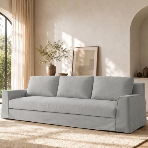 110" 3-Seater Couch for Living Room, Slipcovered Cloud Sofa with Removable Washable Linen Fabric Cover, Modern One-Piece Deep Seat Upholstered Sofas, Oversized Grey Couch for Apart